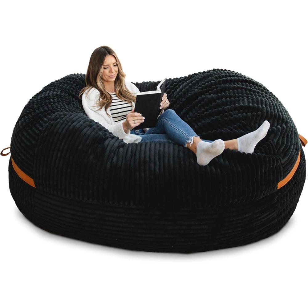 imageBig Joe Fuf XXL Foam Filled Bean Bag Chair with Removable Cover Sandstone Textured Boucle 6 feet GiantBlack
