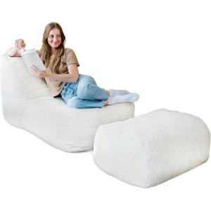 Big Joe Modora Bean Bag Chair Lounger and Ottoman Bundle, Birch Soft Boucle