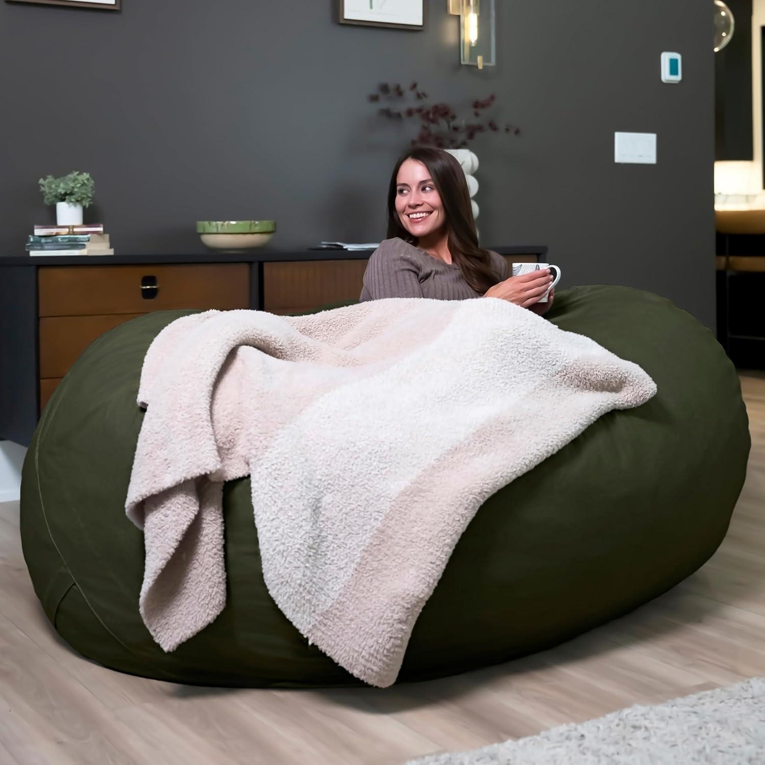 imageBig Joe Fuf XL Foam Filled Bean Bag Chair with Removable Cover Deep Sea Velveteen Durable Woven Polyester 5 feet GiantForest Green