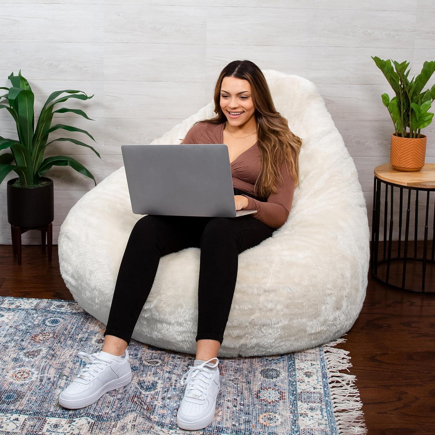 imageBig Joe Lotus Foam Filled Teardrop Bean Bag Chair with Removable Cover Gray Plush Soft Polyester 4 feet BigIvory