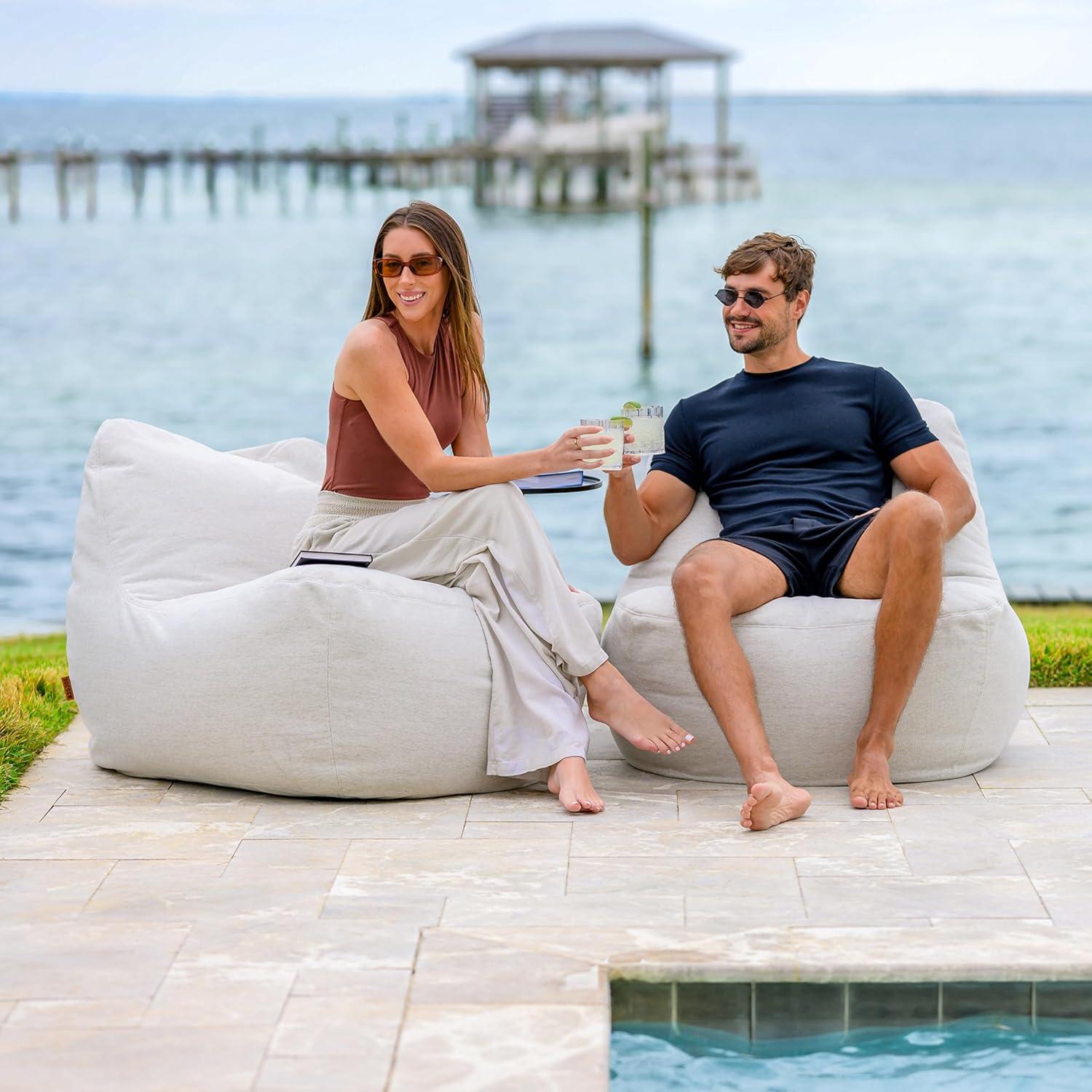 image:imageBig Joe Luft Outdoor Patio Chair Lightweight Bean Filling Outdoor Performance Linen Sailor BlueSunlit Ivory
