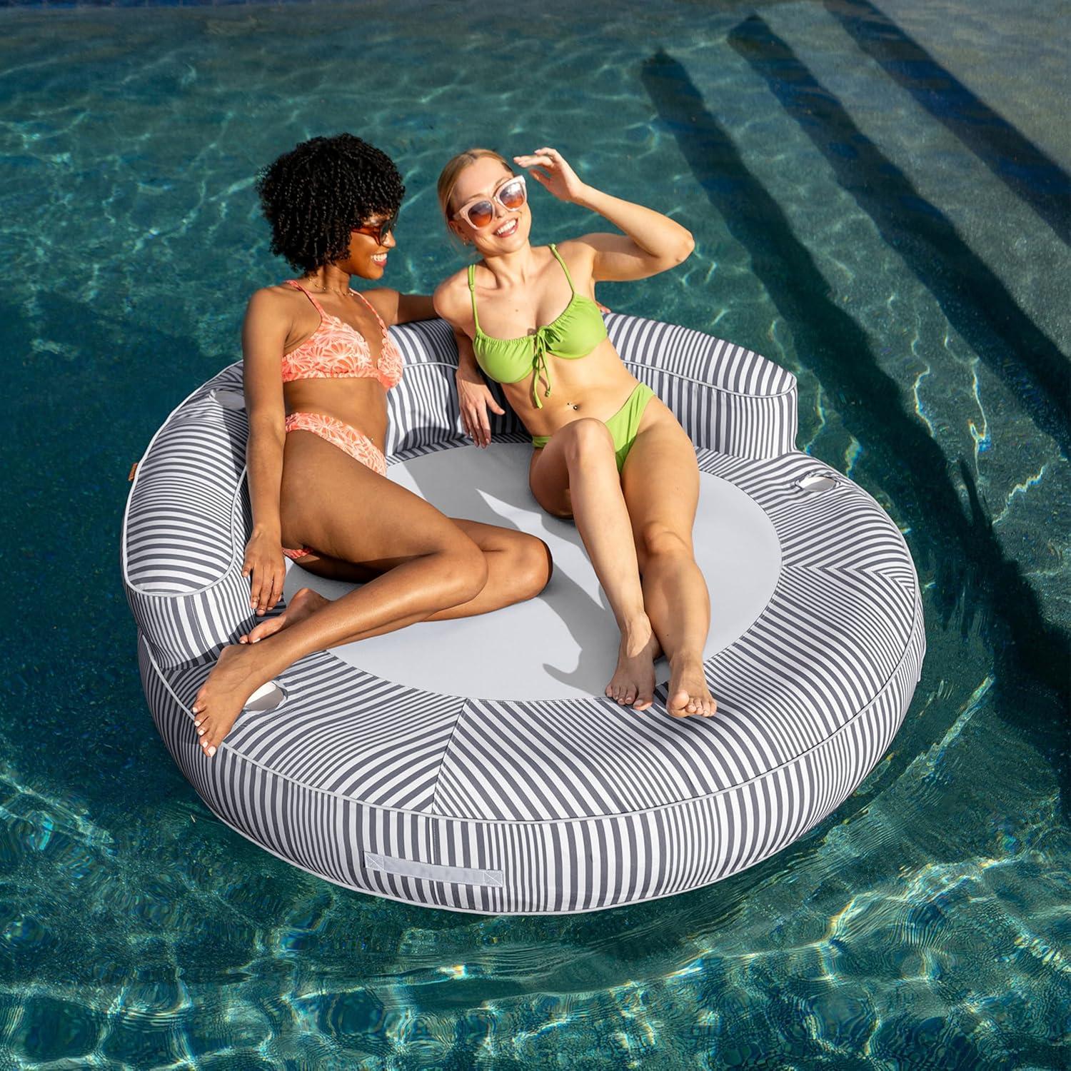 image:imageBig Joe Dryside Island Inflatable Pool Float for Adults Fade Resistant Olefin Fabric Inflatable Raft Shoreline Gray 6 feet RoundShoreline Gray
