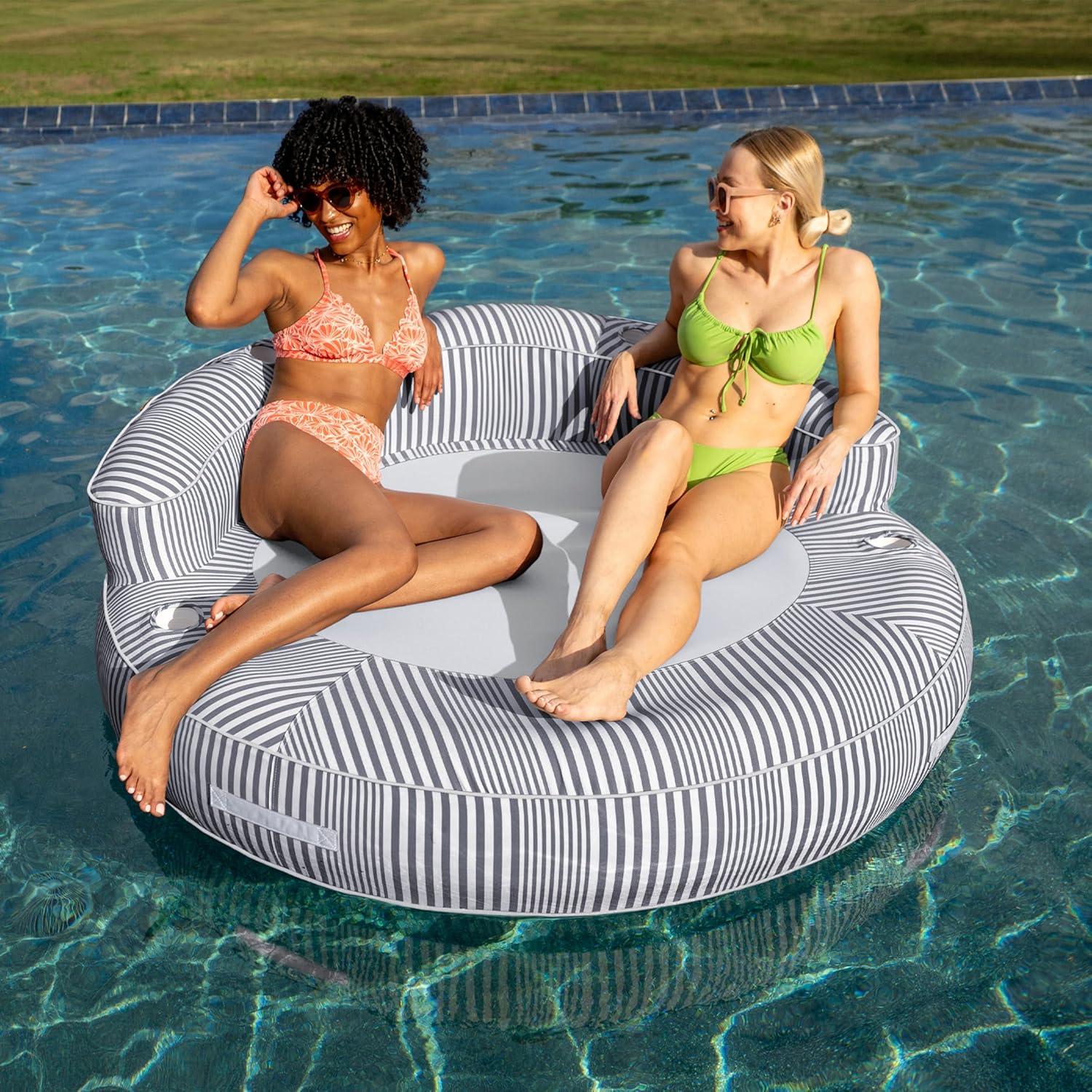 image:imageBig Joe Dryside Island Inflatable Pool Float for Adults Fade Resistant Olefin Fabric Inflatable Raft Shoreline Gray 6 feet RoundShoreline Gray