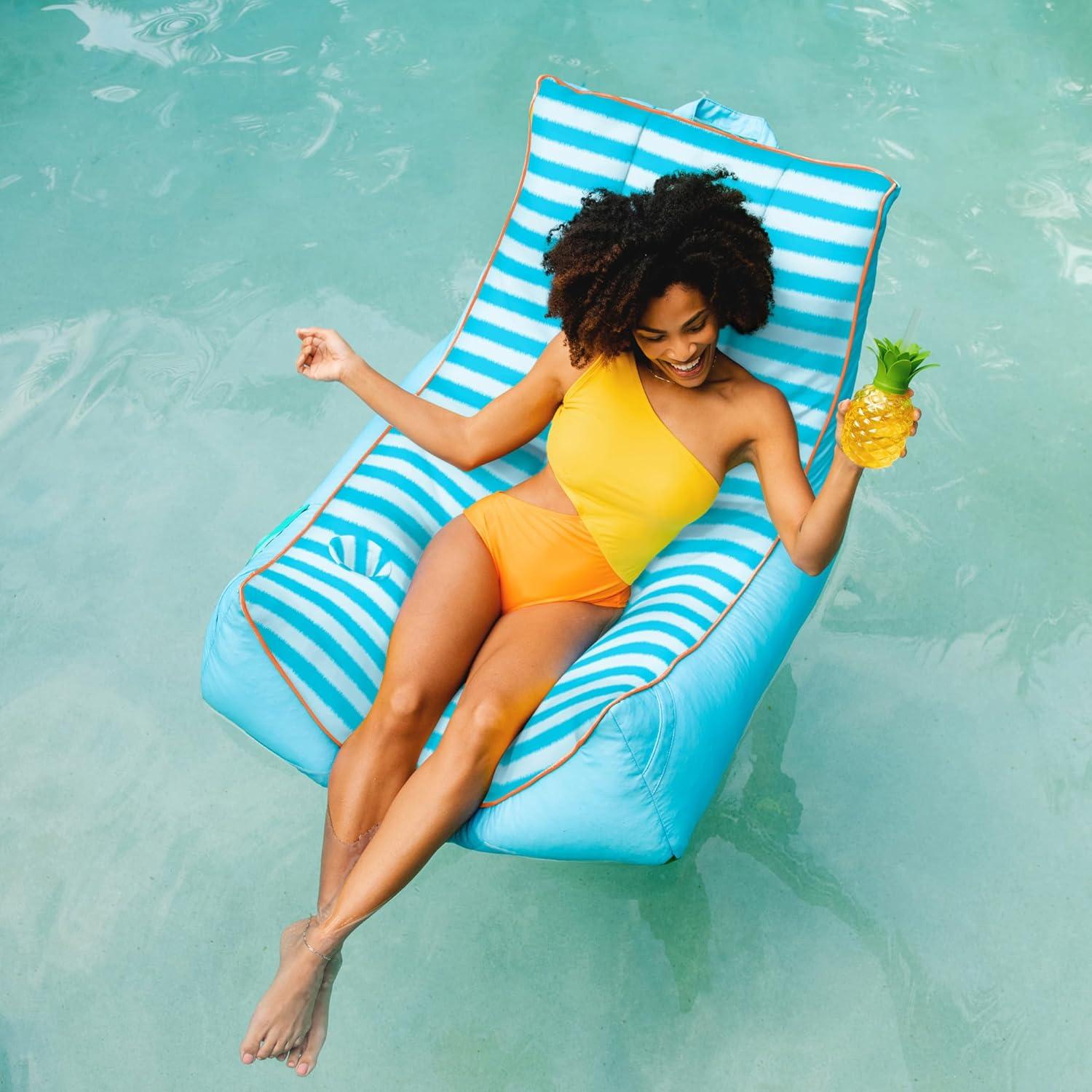 image:imageBig Joe Captains Float No Inflation Needed Pool Lounger Coral Bloom Double Sided Mesh Quick Draining Fabric 3 feetLight Blue Zag Stripe