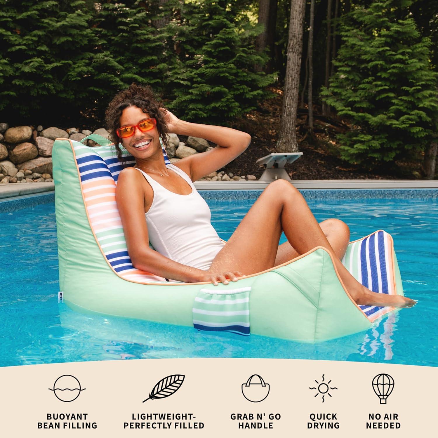 image:imageBig Joe Captains Float No Inflation Needed Pool Lounger Coral Bloom Double Sided Mesh Quick Draining Fabric 3 feetRivera Stripe Turquoise