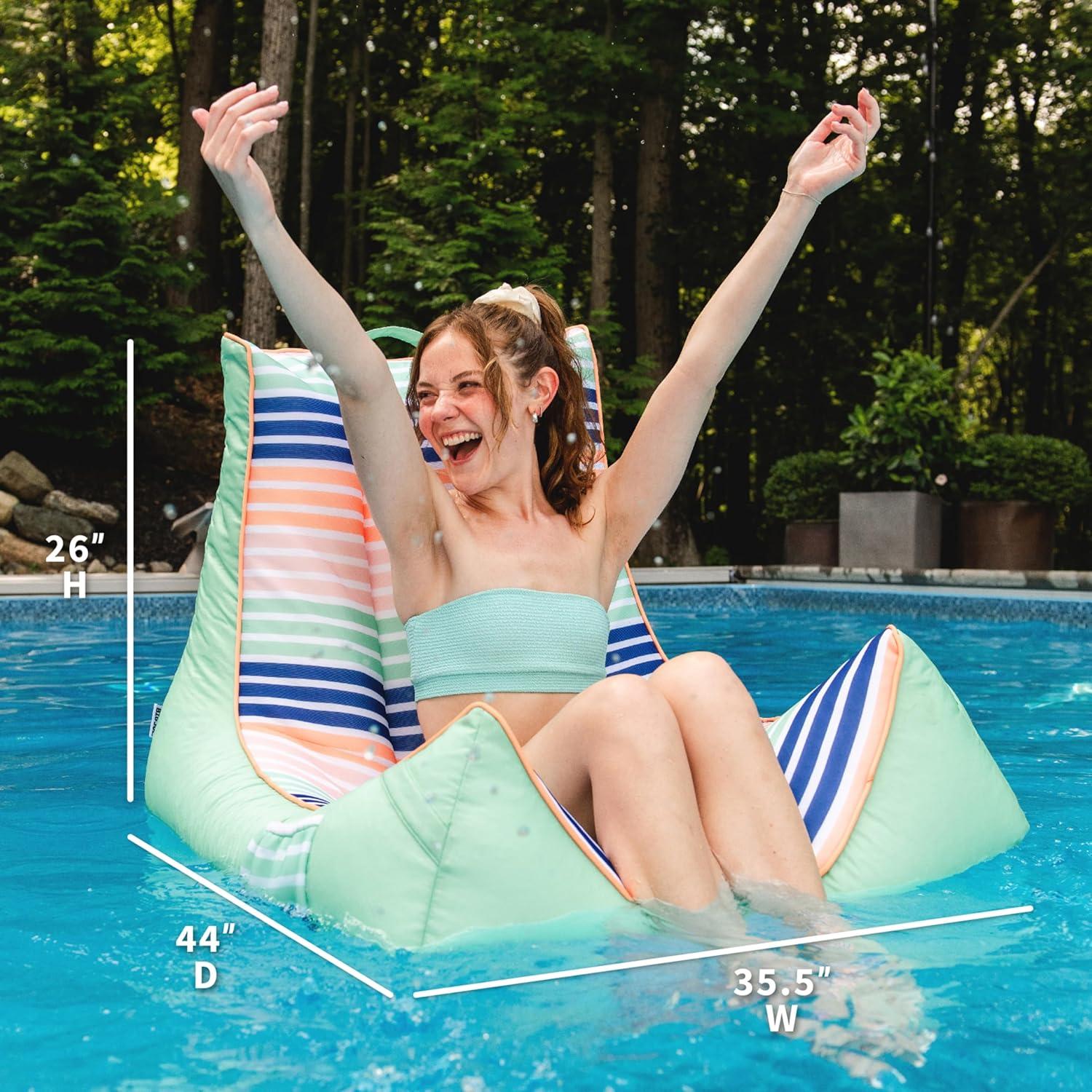 image:imageBig Joe Captains Float No Inflation Needed Pool Lounger Coral Bloom Double Sided Mesh Quick Draining Fabric 3 feetRivera Stripe Turquoise